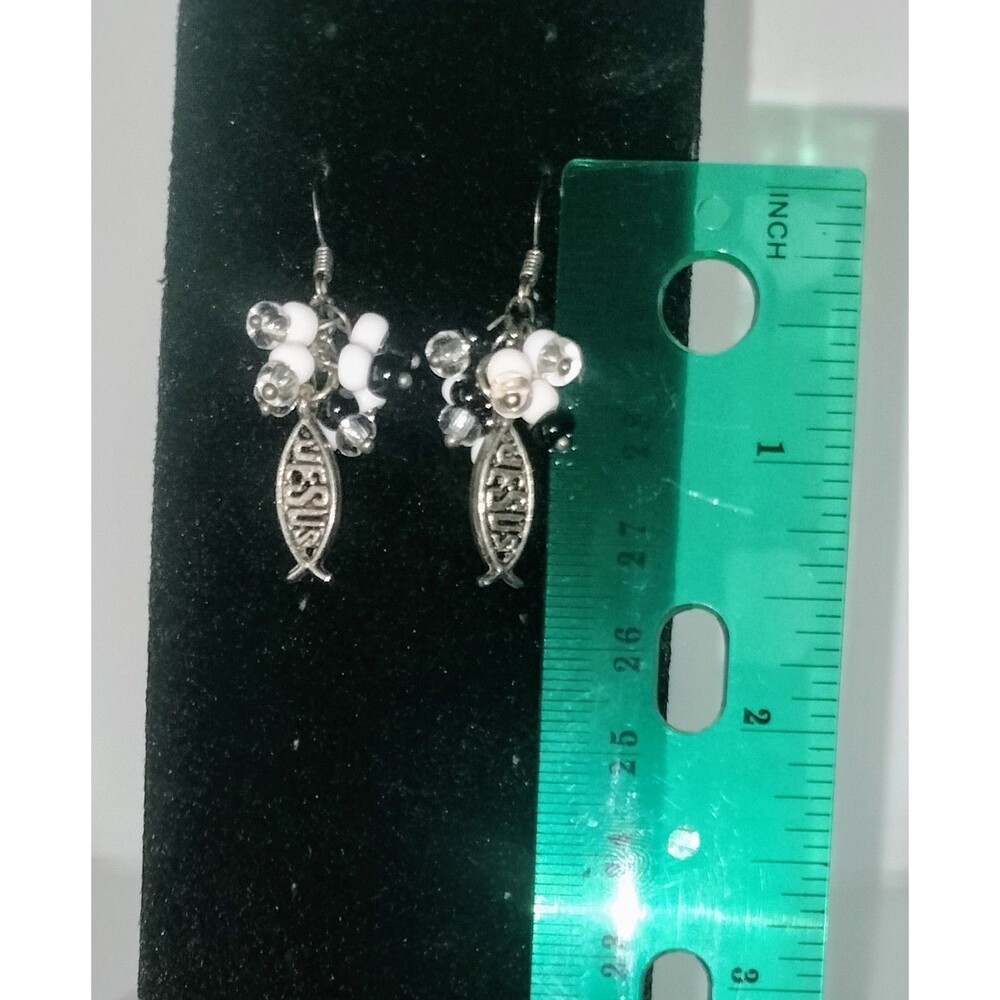 Hope Wear Jesus Fish Earrings Faith Christian Jewelry Silver Tone Dangle Beaded